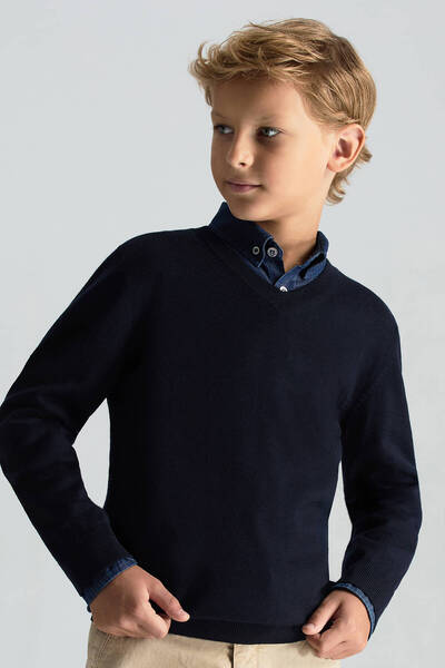 Hemington V Yaka Merino Yün Lacivert Çocuk Triko