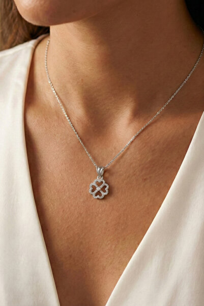 Baleno Concept 925 Ayar Gümüş Işıltılı Dört Yapraklı Yonca Kolye Şans Yoncası...