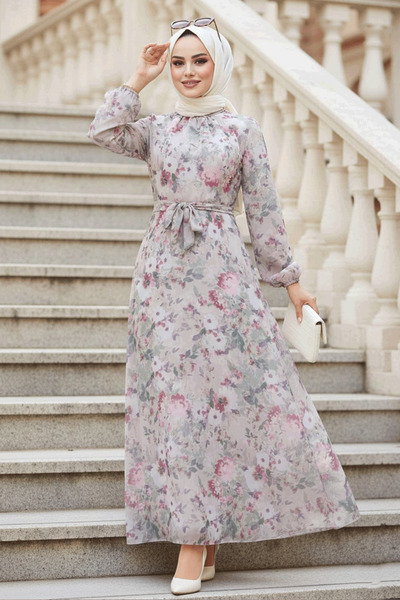 Neva Style Floral Patterned Mink Hijab Dress 27998V