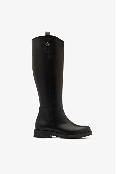 SAYL Cizme lungi de damă din piele naturală neagră, cu toc plat, cu fermoar lateral