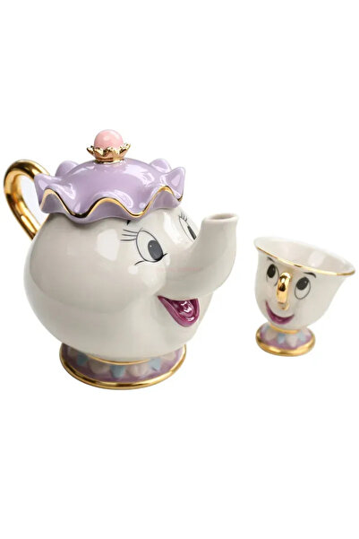 Choice إبريق شاي أسود من ديزني، مزين برسومات كرتونية لطيفة من فيلم الجميلة والوحش، كوب قهوة، كوب السيدة بوتس، كوب رقائق البطاطس، كوب شاي، إبريق