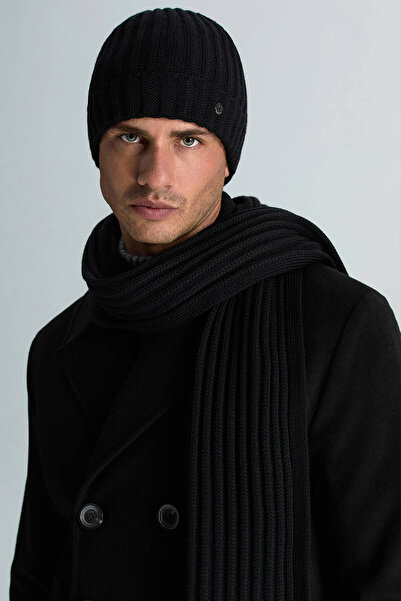 Hemington Örgü Desenli Siyah Merino Yün Su İtici Bere