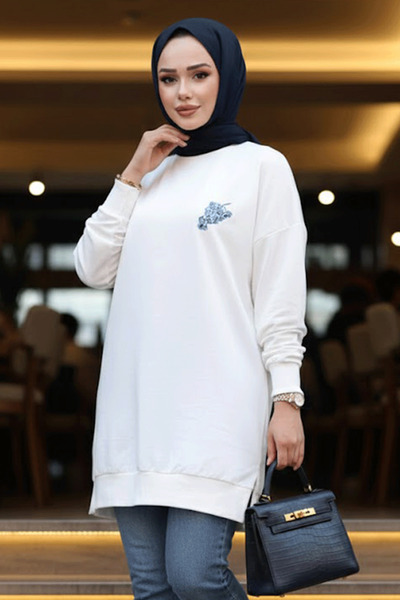N.S NEVA STYLE Λεπτομερές μοτίβο Ecru Hijab Tunic 10653E