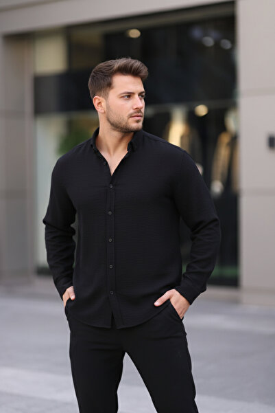Bürke Cămașă pentru bărbați cu mânecă lungă, culoare neagră, semi oversize, A...