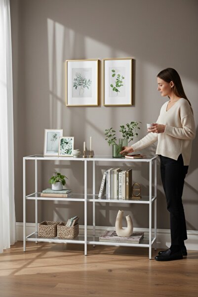 TOLIAHOME Modern 3 Katlı Beyaz Renk Metal İskeletli Cam Raflı Dresuar Konsol