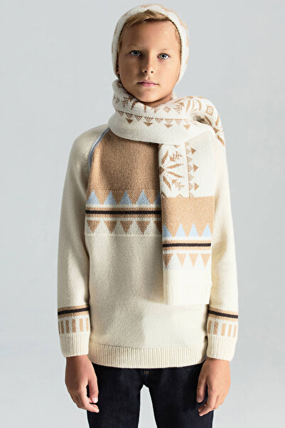 Hemington Desenli Kaşmir Karışım Ekru Çocuk Atkı