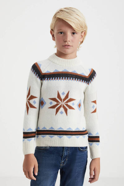 Hemington Kaşmir Yün Karışım Yarım Balıkçı Kar Desen Ekru Çocuk Kazak