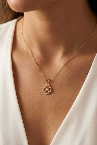 Baleno Concept 925 Ayar Gümüş Işıltılı Dört Yapraklı Yonca Kolye Şans Yoncası...