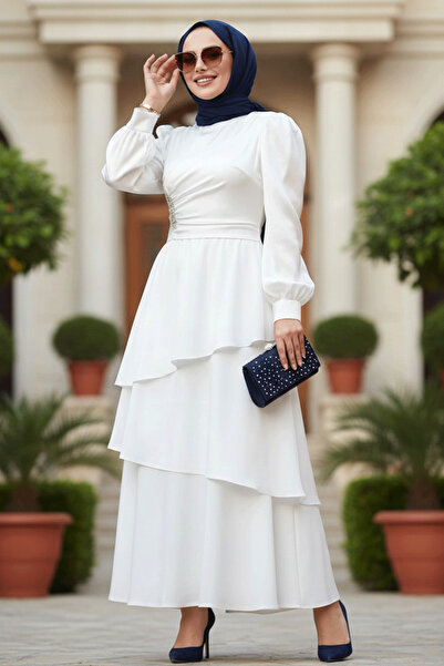 N.S NEVA STYLE فستان سهرة أبيض محتشم بتنورة متعددة الطبقات 62291B