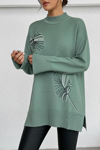 NEWCO Stone Printed Leaf Themed Side Slit Detailed Knitwear Tunic Sweater - White