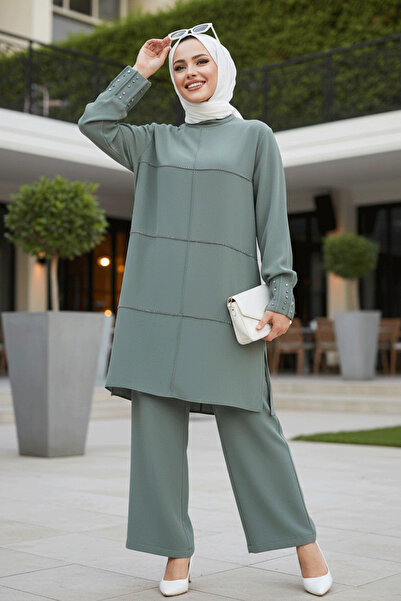 Neva Style Pearl Embroidered Green Hijab Double Suit 65883Cy