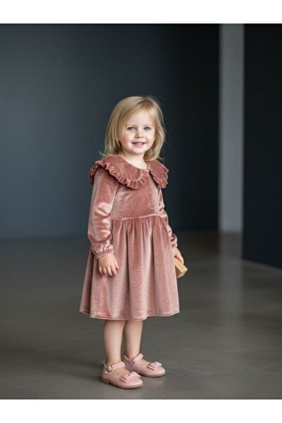 Zekids Kız Çocuk Bebe Yaka Simli Kadife Elbise