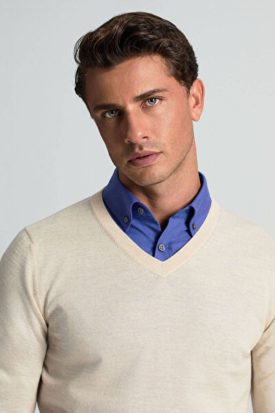 Hemington V Yaka Açık Bej Merino Yün Triko