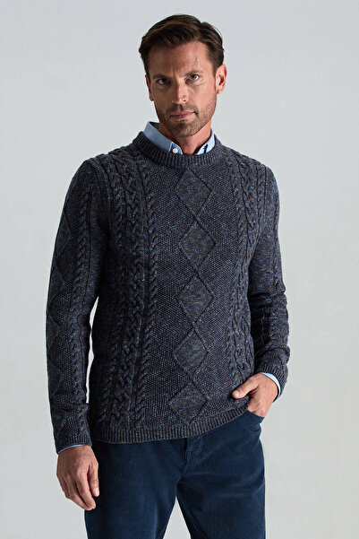 Hemington Merino Yün-İpek Karışım Aran Örgü Desen Bisiklet Yaka Lacivert Kazak