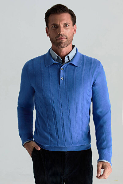 Hemington Saf Kaşmir Polo Yaka Şerit Desenli Mavi Triko