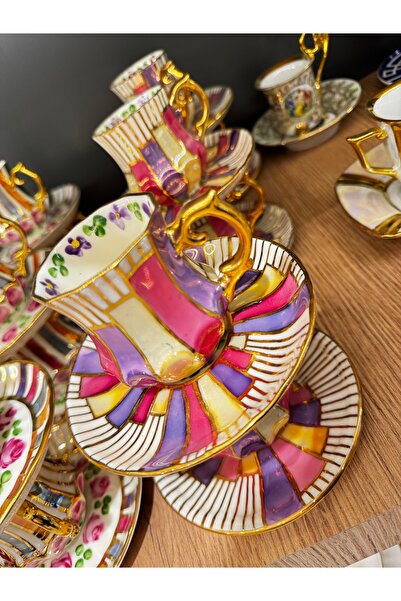 Handmade ESTERHOMEDECOR 6 kişilik el boyama porselen kahve fincan takımı