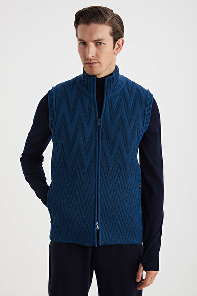 Hemington Çizgi Desenli Merino Yün Yeşil Yelek