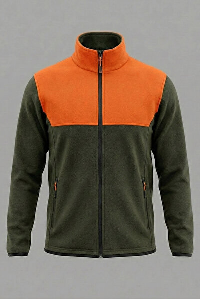 WİDİ No Pilling Unisex Regular Fit Double Color Full Zip Stand Collar Orange Khaki Fleece Sweatshirt