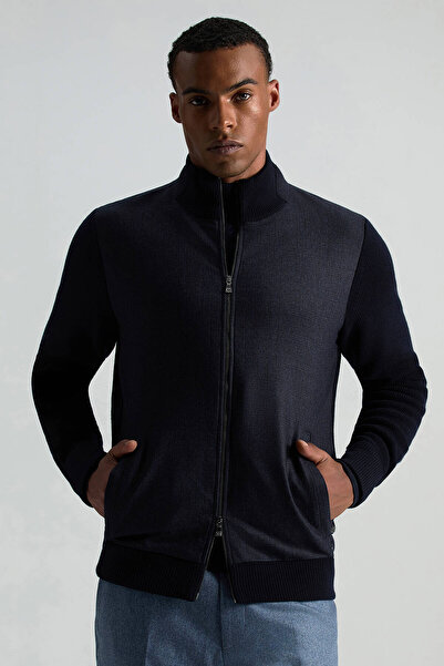 Hemington Merino Yün Ekose Desen Lacivert Business Triko Ceket