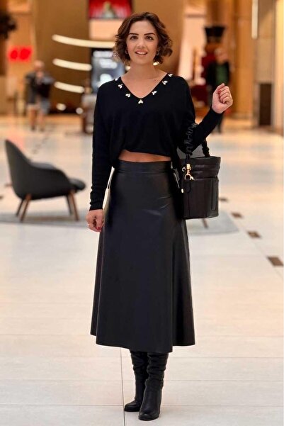 Nevin Kaya Moda Siyah Deri Etek