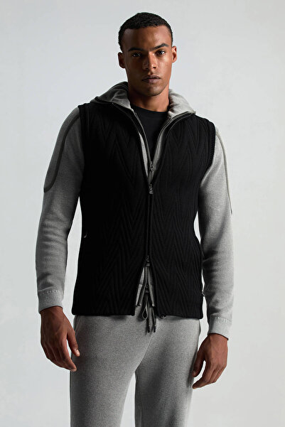 Hemington Çizgi Desenli Merino Yün Siyah Yelek