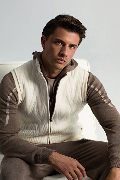 Hemington Çizgi Desenli Merino Yün Ekru Yelek