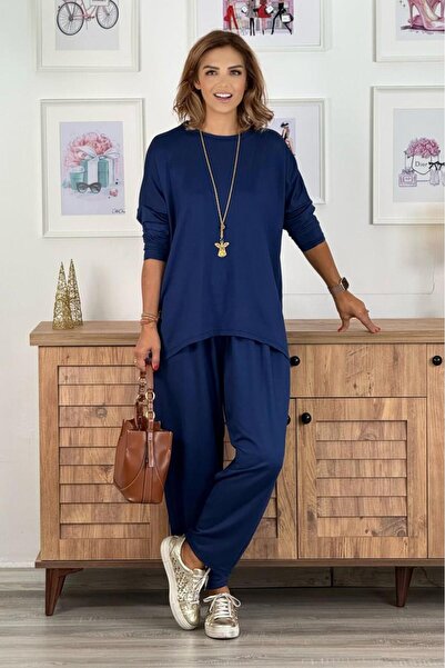 Nevin Kaya Moda Námořnická modrá souprava kalhot a halenky Lucky