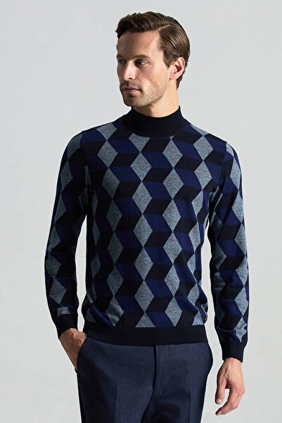 Hemington Merino Yünü Argyle Desen Lupetto Yaka Lacivert Triko