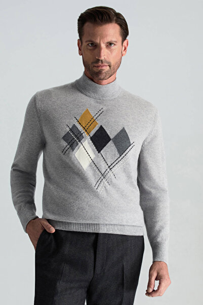 Hemington Lambswool Yün Argyle Desenli Lupetto Yaka Açık Gri Kazak