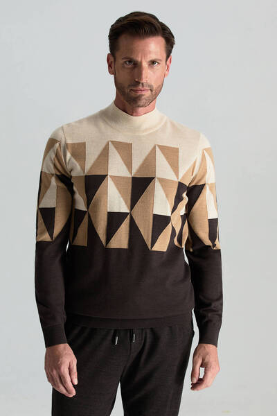 Hemington Merino Yün Yarım Balıkçı Yaka Desenli Kahverengi Triko