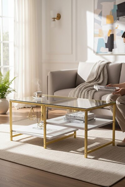 TOLIAHOME Modern Beyaz Gold Renk 3 Katlı Metal İskeletli Şeffaf Temper Camlı ...