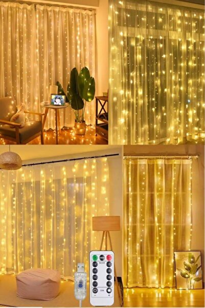 OLLEVRA Uzaktan Kumandalı LED Perdeye Takılabilen Kancalı Işık Usb 3x3 Metre YILBAŞI Peri Perde LED