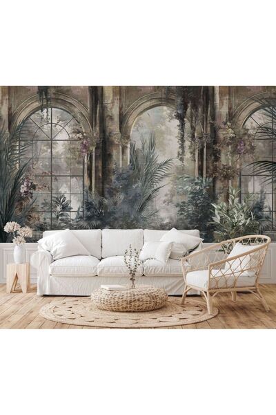 dekoartizan Vintage Beton Sütun Ve Sarkıt Yapraklar. Tropikal duvar Kağıdı.