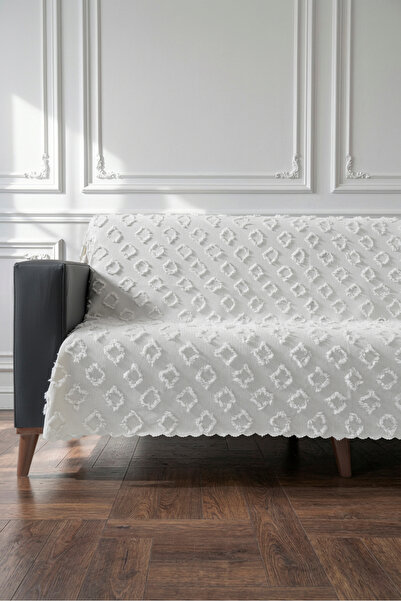 VELANORA HOME Beyaz Renk Koltuk Örtüsü 175x215 cm Çekyat Örtüsü Premium Şönil Jakar Kumaş Kaydırmaz, Yıkanabilir**