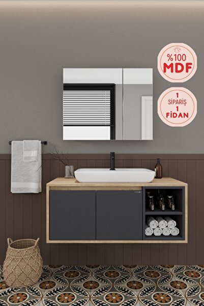 BALNEOM Lale 100 Cm %100 Mdf Lavabolu Banyo Dolabı + Aynalı Dolap