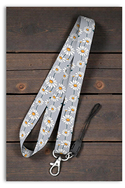 Mia Aurora Papatya Desenli Gri Boyun Askı İpi Telefon Askısı Yaka Kartı Kimli...