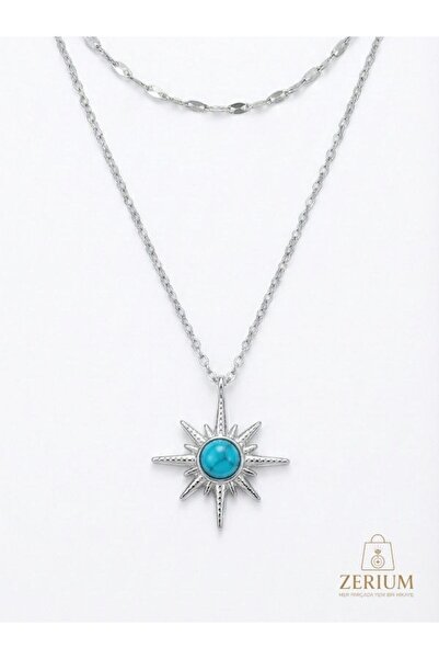 ZERİUM Mavi Taş Işlemeli Kuzey Yıldızıtemalı 2'li Zincir Kadın Çelik Kolye 316l