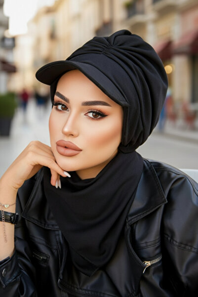 Aişe tesettür Siyah Büzgülü Tesettür Şapka