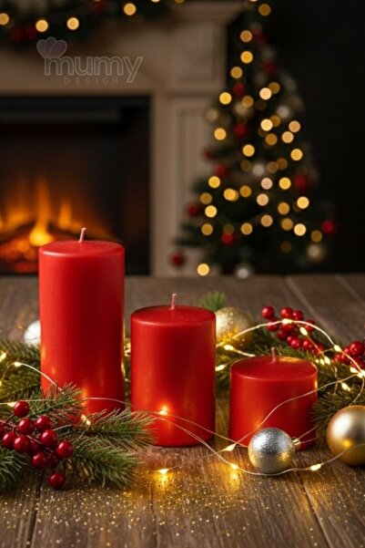 Mumy Desing 3'lü Kütük Silindir Set Mum Kırmızı Vanilya Kokulu  7 Çap Boylar 5-9-15 Cm