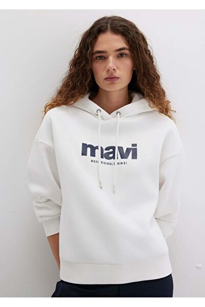 Mavi M168334-81964 Logo Printed Women's Hooded Sweatshirt White