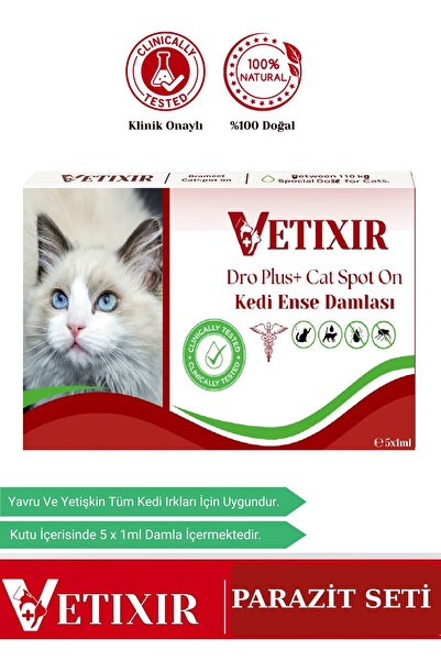 VETIXIR Kedi Bitkisel Ense Dış Parazit Bit, Pire, Kene, Deri Bakımı İçin Etkili 5 Adet Damla (1-10 kg)