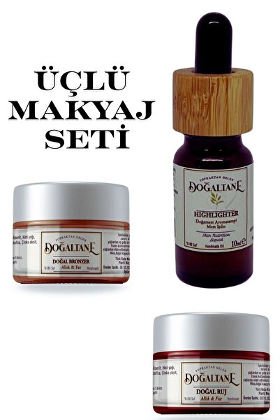 Üçlü Doğal Makyaj Seti | Highlighter + Bronzer + Kırmızı Renk Balmı – %100 Doğal & Vegan – 3’lü Set