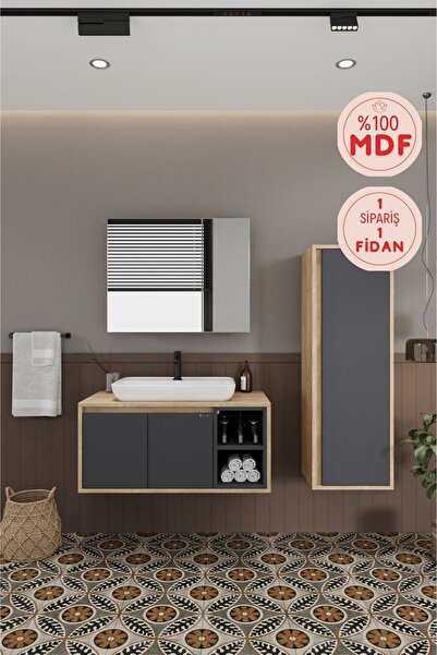 BALNEOM Lale 100 Cm %100 Mdf Lavabolu Banyo Dolabı + Aynalı Dolap + Boy Dolabı