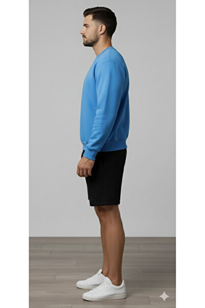 basic düz mavi Erkek sweatshirt bisiklet yaka