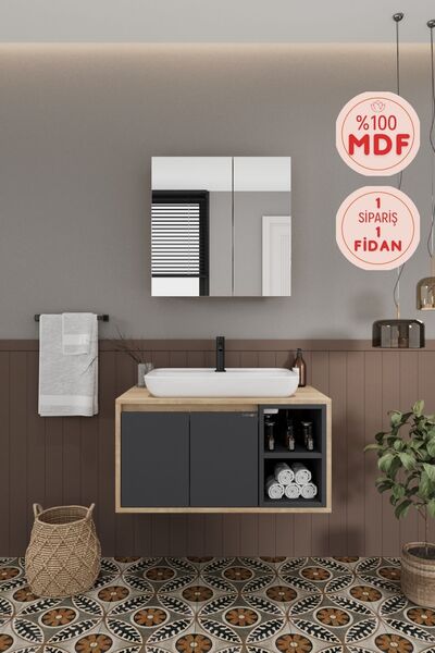BALNEOM Lale 80 Cm %100 Mdf Lavabolu Banyo Dolabı + Aynalı Dolap
