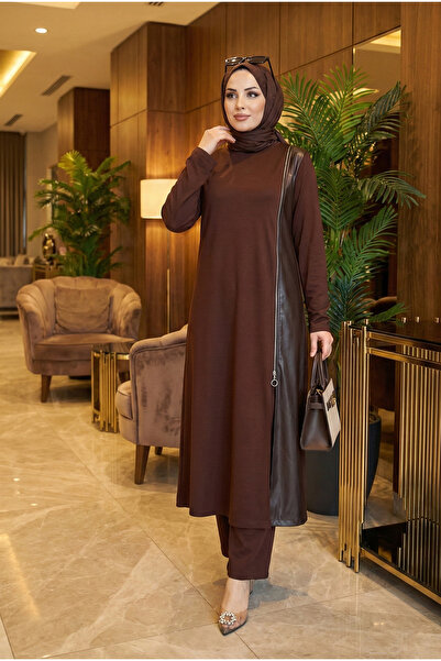 modamira Kadın Pamuklu kahverengi Deri ve Fermuar detaylı Tunik Pantolon Tarz...