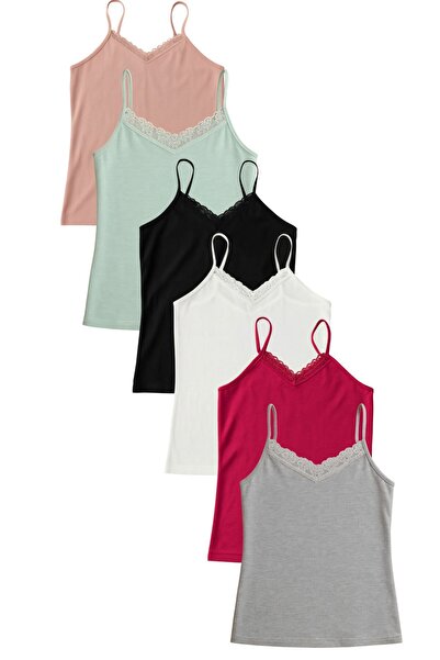 ExLove 6'lı Dantelli Penye İp Askılı Atlet