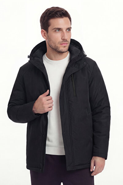 D1fference Erkek Siyah Jel Elyaflı Astarlı İç Cepli Su ve Rüzgar Geçirmez Kap...