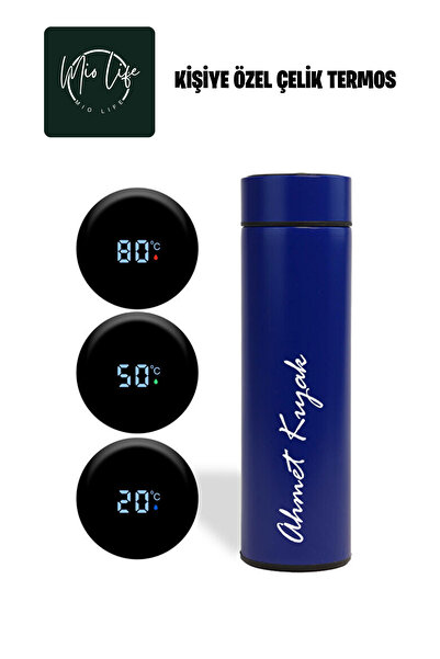 Mio Life Kişiye Özel Lacivert Dereceli Çelik Dijital Led Sıcaklık Göstergeli Akıllı Termos Matara