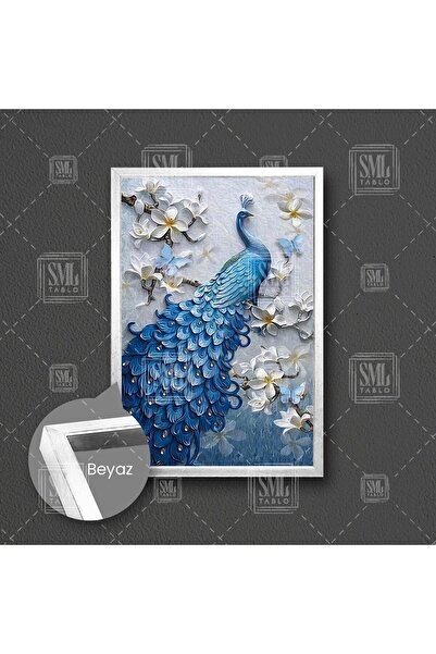 SML TABLO Beyaz Çiçekler ve Zarif Mavi Tavus Kuşu Lüks Dekor Çerçeveli Dikey ...